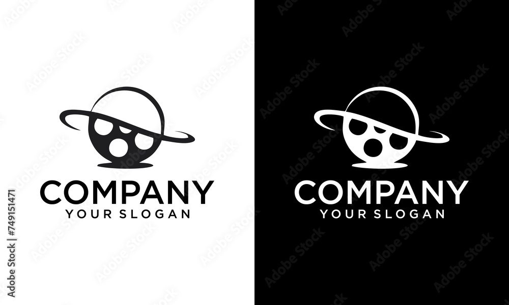 Obraz premium Creative logo design for movie and television industry. Unique symbol template with planet and film roll. Film reel with globe stand illustration, Global movie film logo icon sign symbol design
