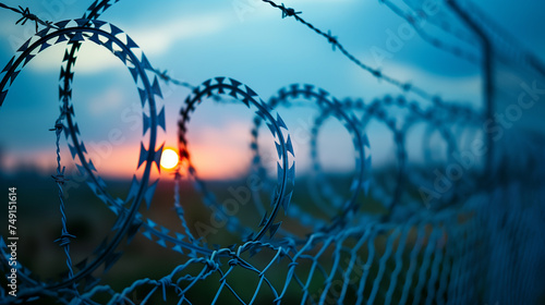 Barbed wire and barbed wire fence to prevent intruders for anti-refugee group entering wall.