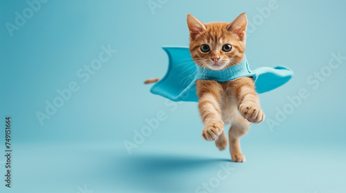 Cute orange tabby kitty with jumping and flying on light blue background with copy space © Ummeya