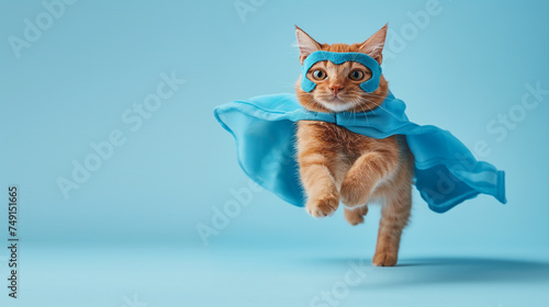 Cute orange tabby kitty with jumping and flying on light blue background with copy space