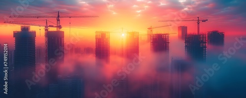 A city skyline during sunset, with orange and pink hues in the sky. There are multiple cranes operating in the city, and the city is filled with tall buildings.