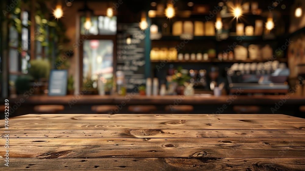 Empty wooden table in front of abstract blurred background of coffee shop . can be used for display or montage your products. Empty wooden table in front of abstract blurred background of coffee shop . can be used for display or montage your products.