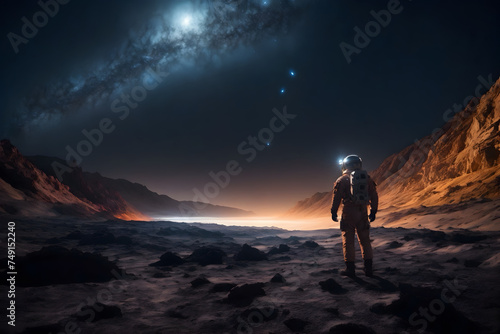 An astronaut walking on a rough planet at night