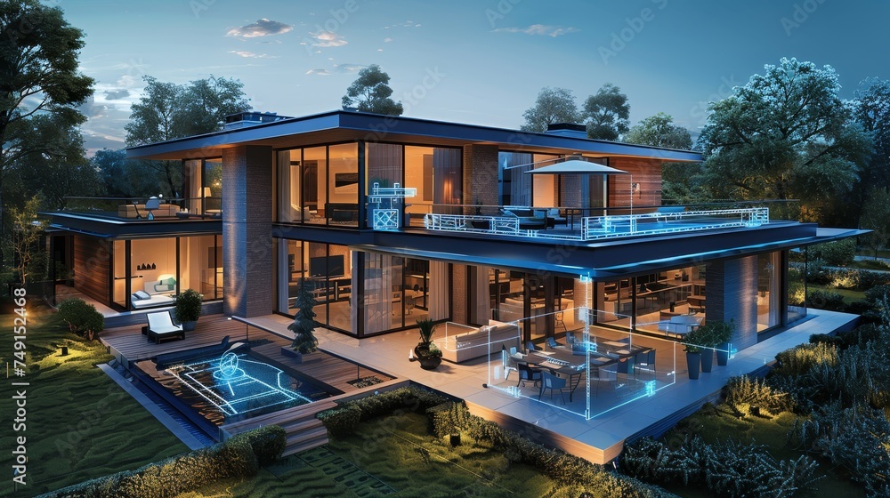 Visualize a day in a smart home where technology seamlessly integrates with every aspect of lifestyle and living