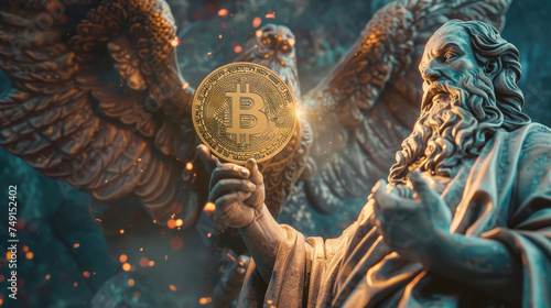 The ethereal intersection of divinity and digital currency a powerful god holding a glowing Bitcoin celestial backdrop photo