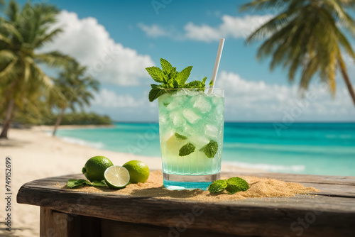 Mojito drinks with beach themed background