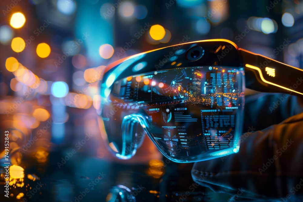 augmented reality glasses projecting A 3D digital  with exposed gears, representing the future of technology and global communication for different settings digital Lolographic glasses