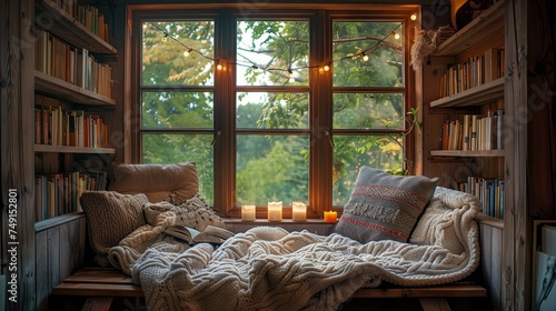 Visualize a cozy reading nook, a personal haven for tranquility and immersion in stories photo