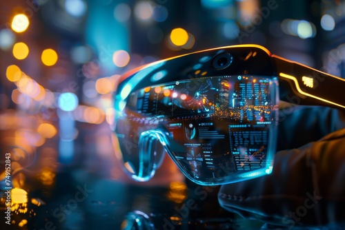 augmented reality glasses projecting A 3D digital  with exposed gears, representing the future of technology and global communication for different settings digital Lolographic glasses © Sittipol 