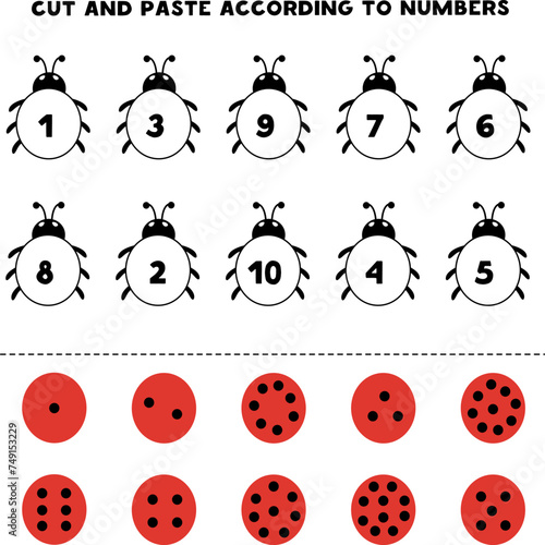 Worksheet for kids. Cute and glue pictures. Cute cartoon Ladybirds.