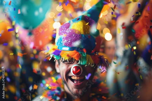 clown with confetti and balloons, center composition, soft focus creating a playful atmosphere