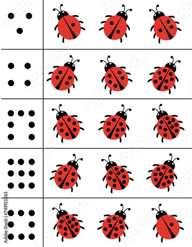 Match ladybugs and dots. Logical and math puzzle for kids.