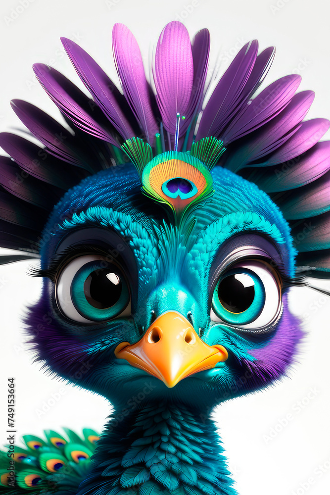 Fototapeta premium Beautiful cute baby blue peacock with big eyes on white background.