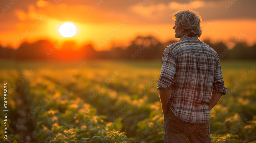 Farmer standing at the field at sunset or sunrise, rear view. Neural network generated in January 2024. Not based on any actual scene or pattern.