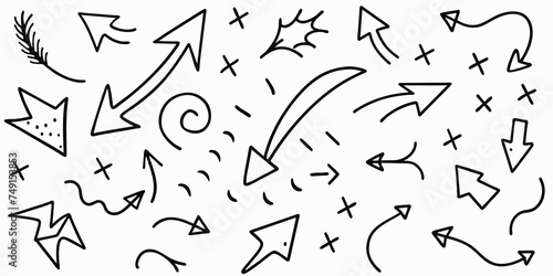 Set of black hand drawn arrows isolated on white. Vector illustration. Arrows, arrow set

