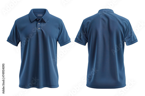 Front and back blue tone polo shirt mockup, white background PNG