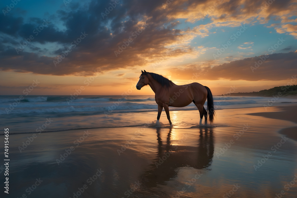 A brown horse at beach at sunset A brown horse at beach at sunset