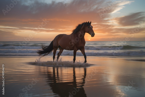 A brown horse at beach at sunset © AungThurein