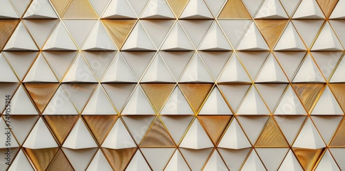 A detailed close-up shot showcasing a wall embellished with gold triangles  creating a visually striking geometric pattern.