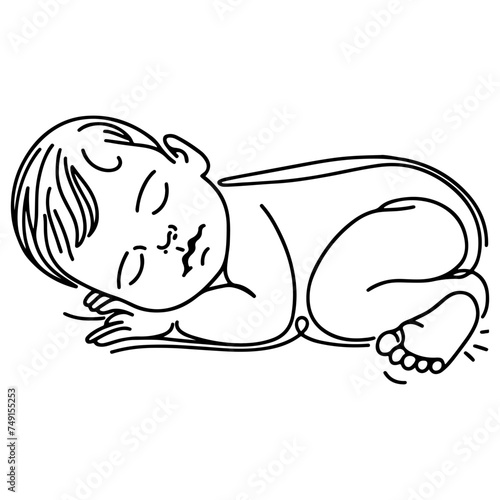 Continuous one black line art hand drawing newborn lying or sleeping doodles outline style vector illustration on white background