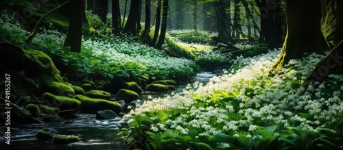 A stream is visible as it meanders through a dense and vibrant green forest. The forest is filled with lush vegetation  including trees  bushes  and a blanket of white wild garlic blossoms covering