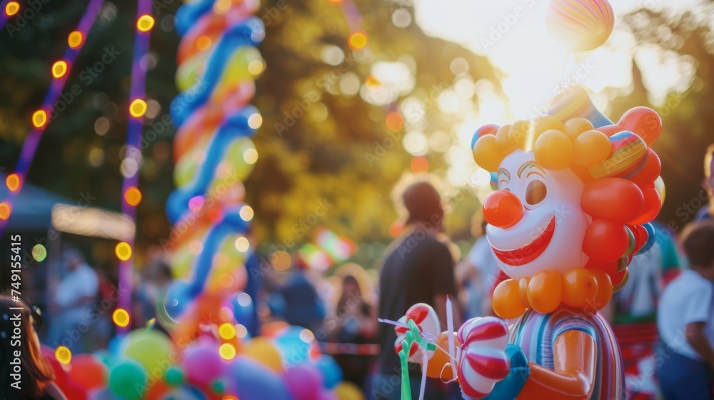  clown balloon at an outdoor festival, vibrant festival decorations in the background,  - obrazy, fototapety, plakaty 