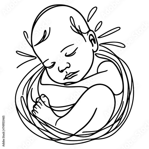 Continuous one black line art hand drawing newborn lying or sleeping doodles outline style vector illustration on white background