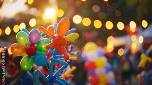 A defocused image of a clown making balloon animals at an outdoor festival, april fool's day