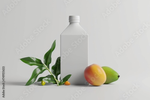 3d mockup white juice box with mango. Green leaves, minimalism, copy space. Concept healthy food. Template for your design, space for packaging. photo