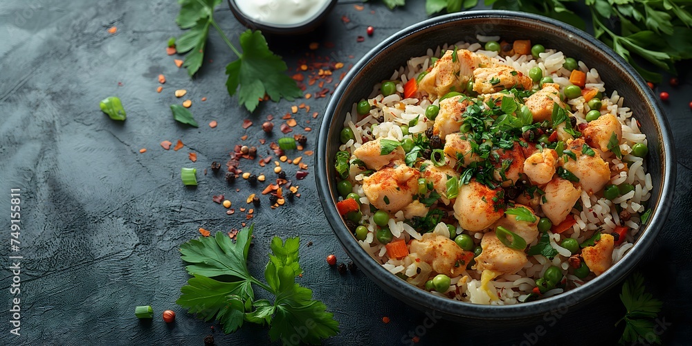 Chicken biryani, a spicy Indian rice dish popular in Malabar, Hyderabad