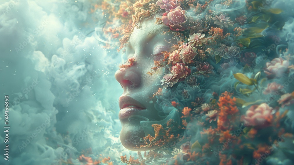An artistic rendering of a human figure its face a complex blooming flower embodying the concept of growth and beauty within all set in an abstract dreamlike environment presented in a wide cinematic An artistic rendering of a human figure its face a complex blooming flower embodying the concept of growth and beauty within all set in an abstract dreamlike environment presented in a wide cinematic