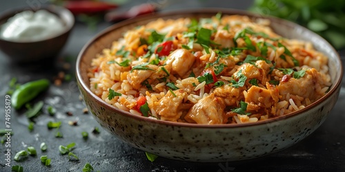 Chicken biryani, a spicy Indian rice dish popular in Malabar, Hyderabad, Kerala, India, Sri Lanka, and Pakistan. Made with basmati rice and meat curry, it's often served in golden bowls. 