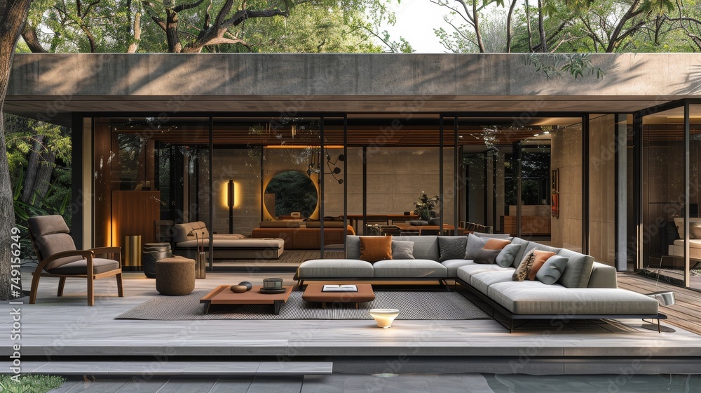 Showcase an outdoor living area that seamlessly blends indoor comfort with the beauty of nature