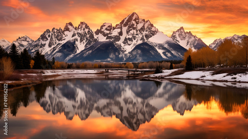 Sunset Splendor Over Serene Mountain Lake - A Striking Display of Nature's Majestic Beauty