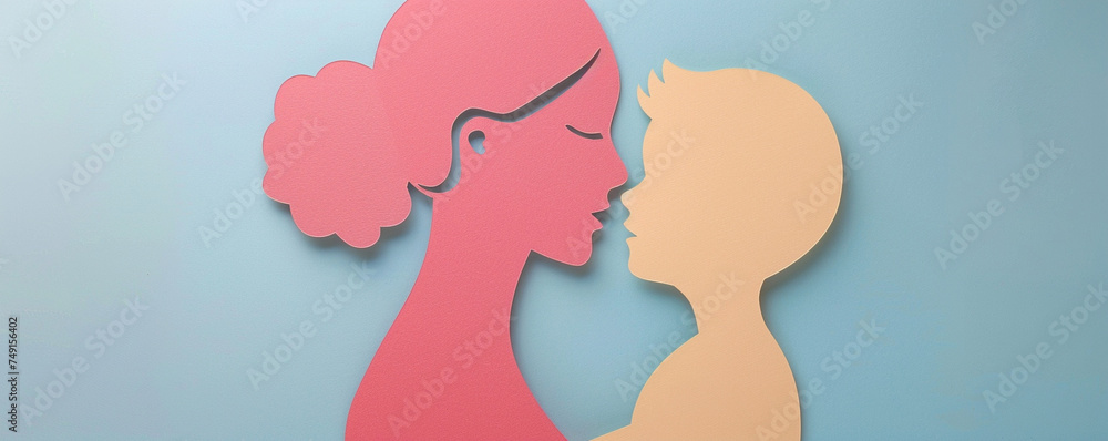 Cute mother and son daughter paper cut out mother's day pastel colors silhouette family love illustration
