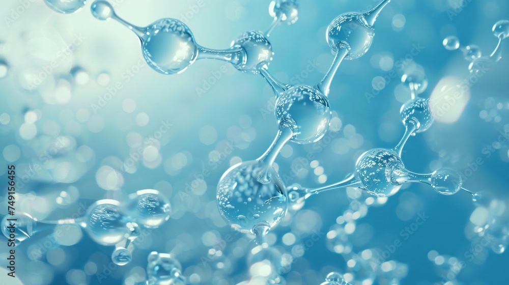 A molecule model depicted in a 3D illustration floats in a sea of blue inviting contemplation of the microscopic world A molecule model depicted in a 3D illustration floats in a sea of blue inviting contemplation of the microscopic world