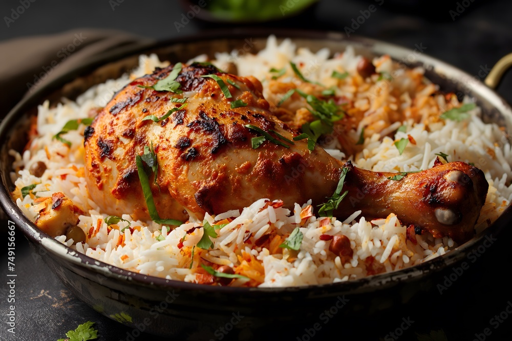 Delicious spicy chicken biryani on dark background Delicious spicy chicken biryani on dark background