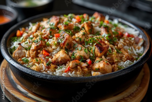 Delicious spicy chicken biryani on dark background