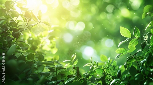Fresh healthy green bio background with abstract blurred foliage and bright summer sunlight 