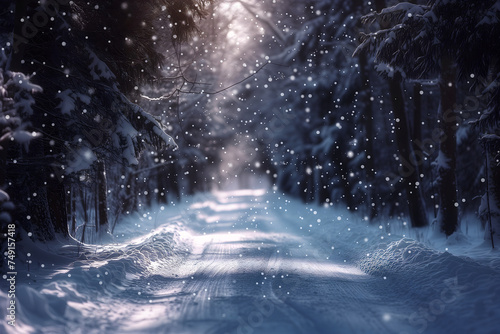 Winter snowfall over empty forest road. Neural network generated in January 2024. Not based on any actual scene or pattern.