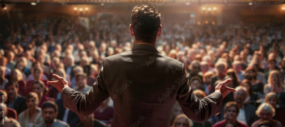 A man is standing in front of a large crowd of diverse individuals, possibly giving a speech or presentation.