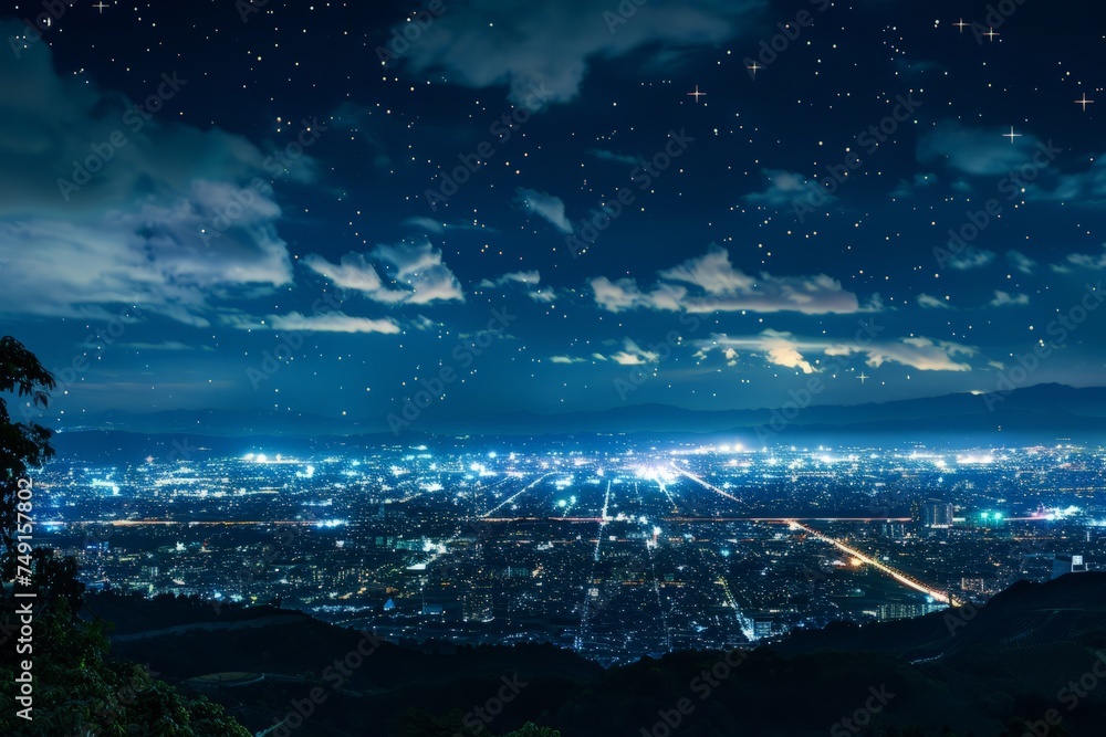 Obraz premium The city sparkles with lights below as viewed from the top of a hill at night, showcasing buildings, roads, and urban activity.