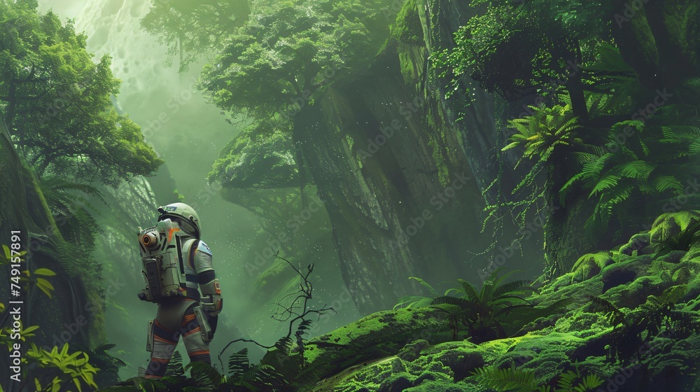 Lonely astronaut exploring a lush alien jungle the ultimate encounter of isolation and discovery