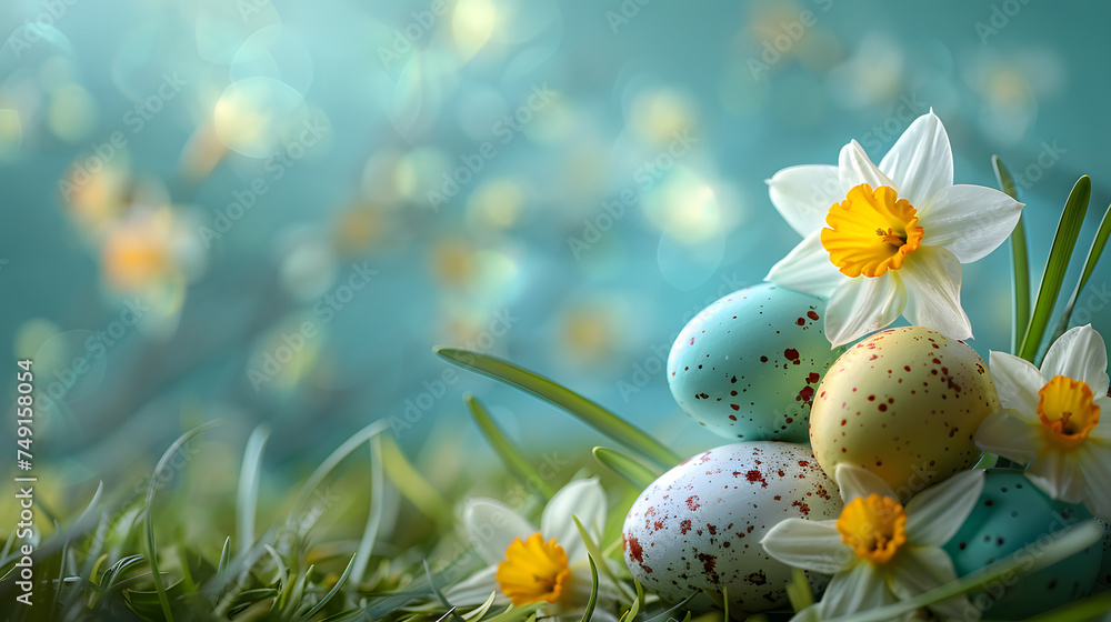 Easter eggs on grass surrounded by yellow flowers. The eggs are painted colourful and the flowers include daisies and narcissus. The background is blurred Easter eggs on grass surrounded by yellow flowers. The eggs are painted colourful and the flowers include daisies and narcissus. The background is blurred