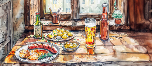 German sausages, potatoes, beer on wooden table in traditional restoran.