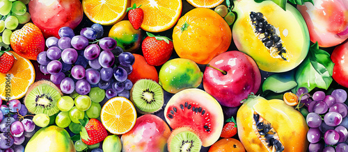 Fresh fruits background. Top view. Summer watercolor illustratiion.