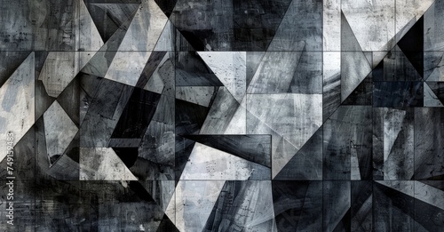 A monochromatic abstract painting featuring a multitude of different shapes, ranging from geometric to organic forms, creating a visually dynamic composition.