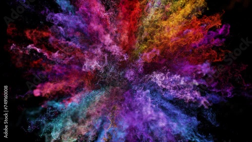Cg animation of color powder explosion on black background. Slow motion movement with acceleration in the beginning and orbiting camera. Has alpha matte. photo