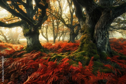 Temperate deciduous forest autumn forest red orange.An ancient forest with giant trees and a carpet of ferns oak beech maple willow mysterious and ancient nature landscape fantasy nature background