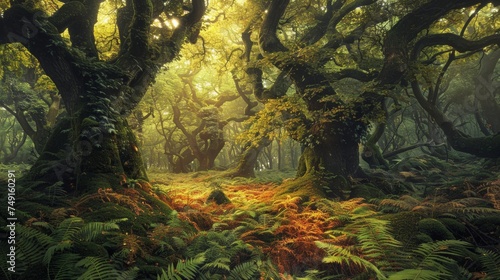 Temperate deciduous forest autumn forest red orange.An ancient forest with giant trees and a carpet of ferns oak beech maple willow mysterious and ancient nature landscape fantasy nature background